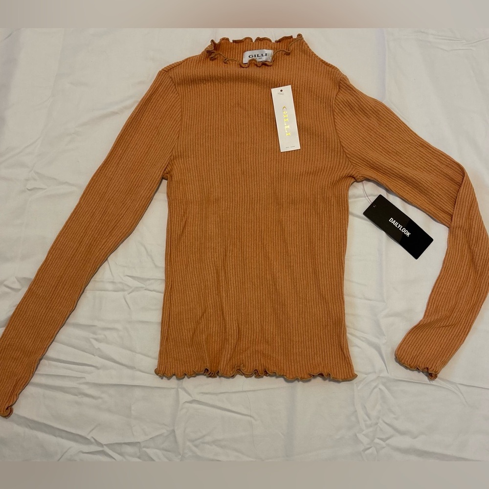 Gilli Brown Ribbed Long Sleeve Blouse